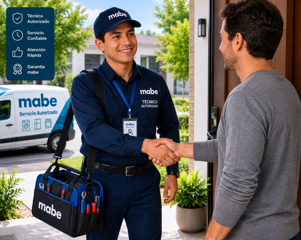 Técnico autorizado Mabe saludando a un cliente en la puerta de su casa en Valledupar