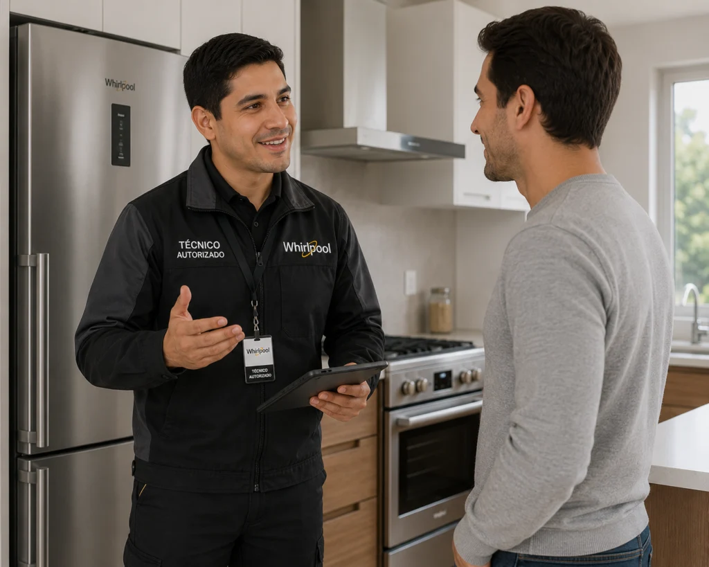 Técnico autorizado Whirlpool explicando un diagnóstico a un cliente en Valledupar
