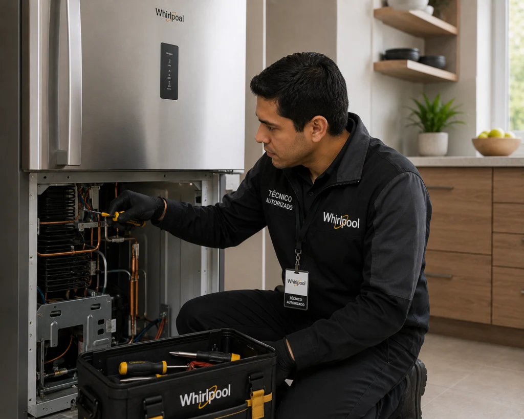 Técnico autorizado Whirlpool documentando una reparación en Valledupar